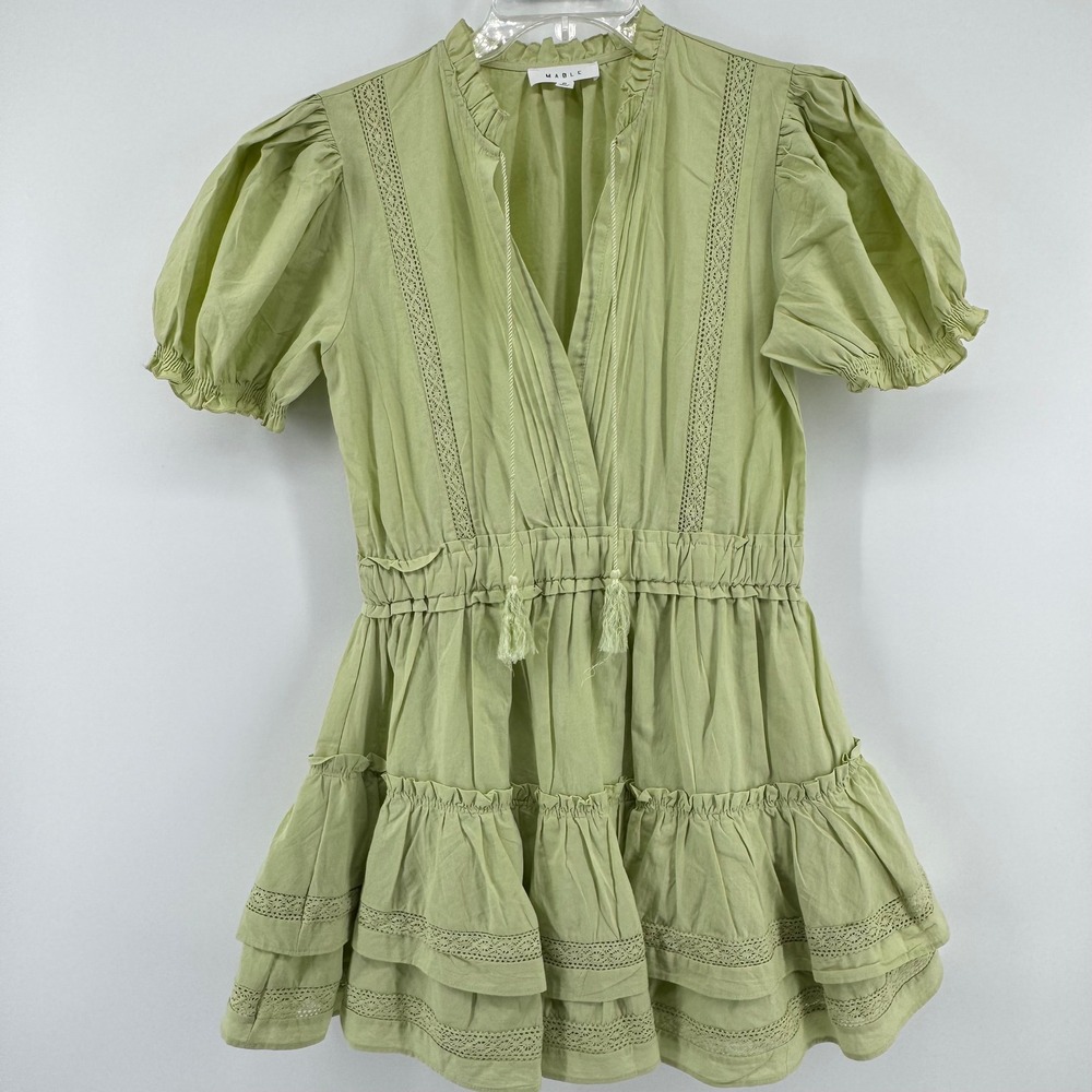Mable Mini Dress Womens Medium Green Tiered Ruffle Crochet Lace Puff Sleeve Boho